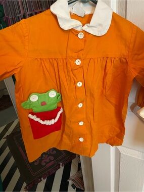 Youngland Orange Button-Front Dress with White Collar and Red Pocket Frog